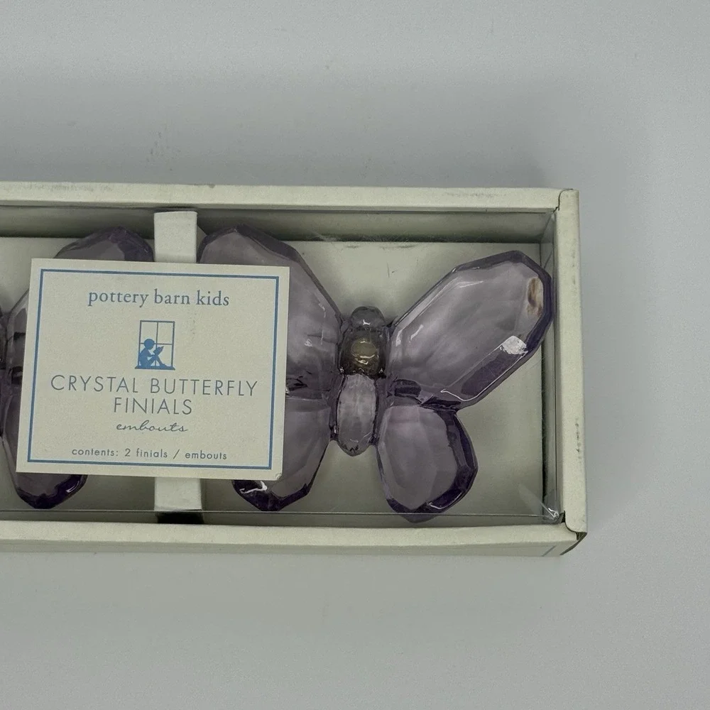 Pottery Barn Kids Crystal Butterfly Finials Purple NIB Set Of 2